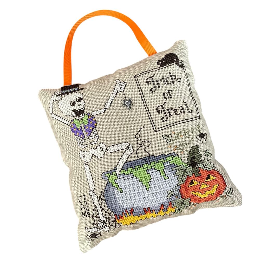 Halloween Cross Stitch Pillow Door Hanger Skeleton Trick or Treat Hanging Spider